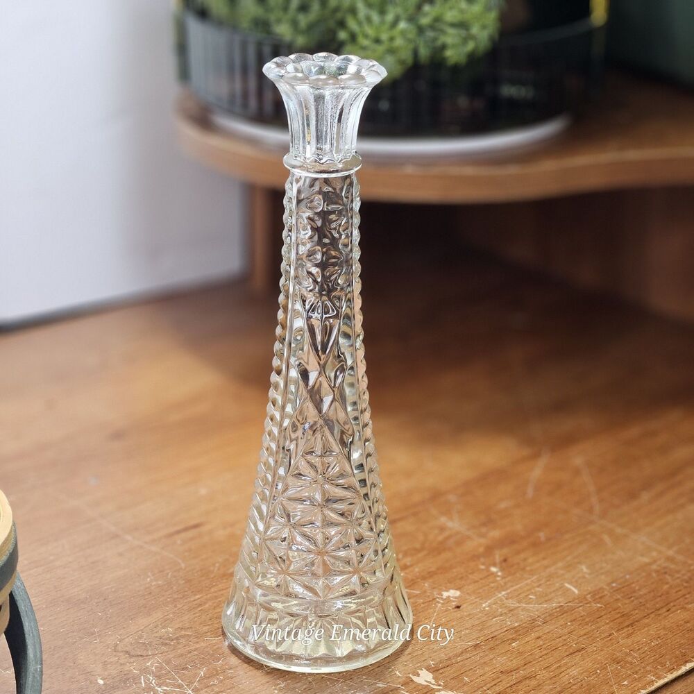 Vtg Anchor Hocking Clear Glass Bud Vase Stars & Bars 1950's Starburst 9”